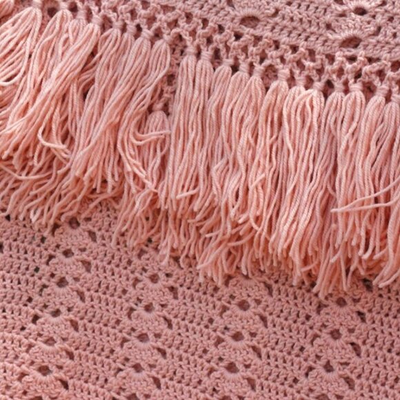 Shabby Cottagecore Crocheted Fringed Afghan Throw - Picture 2 of 3